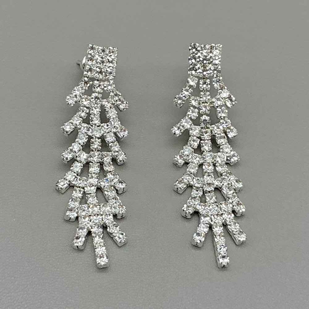 Earrings Silver Tone Clear Rhinestone Chandelier Waterfall Statement Pierced